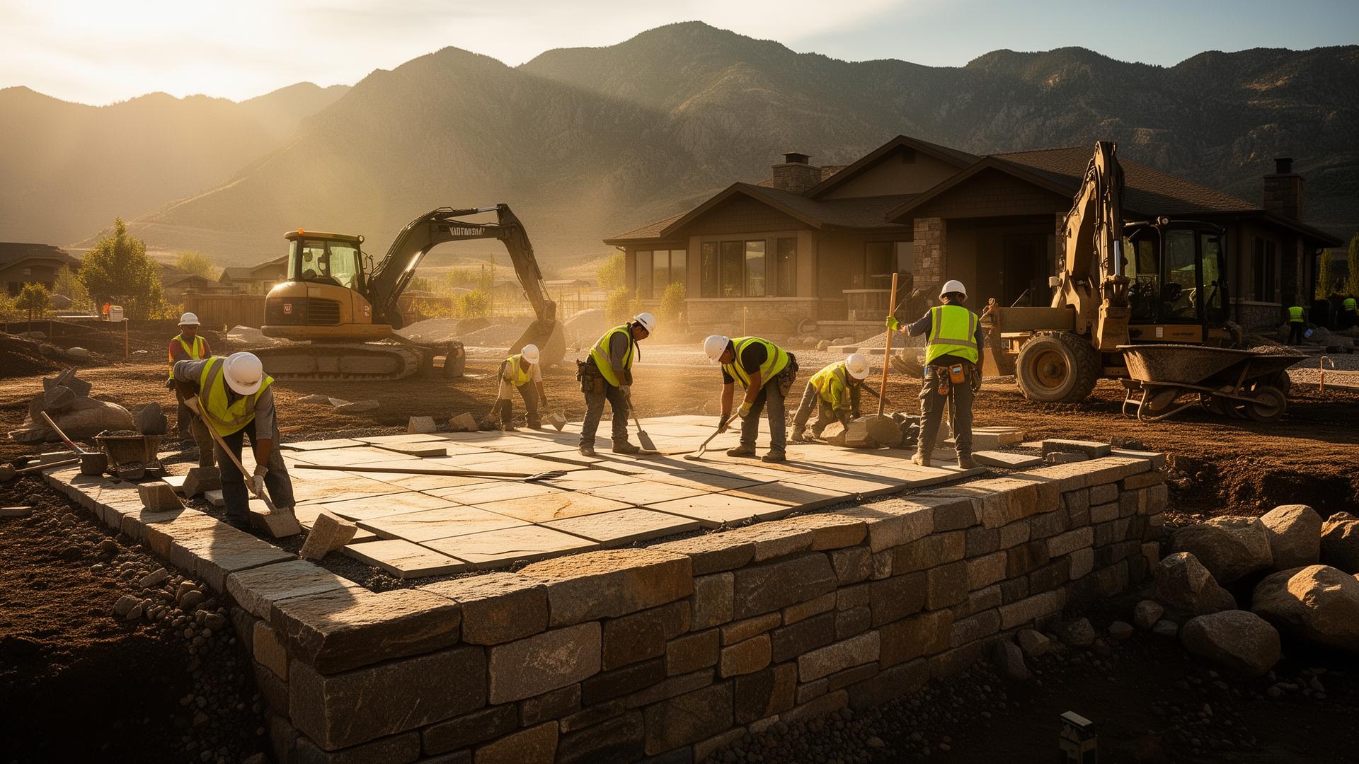 A to Z Construction construction crew building a Utah patio at golden hour